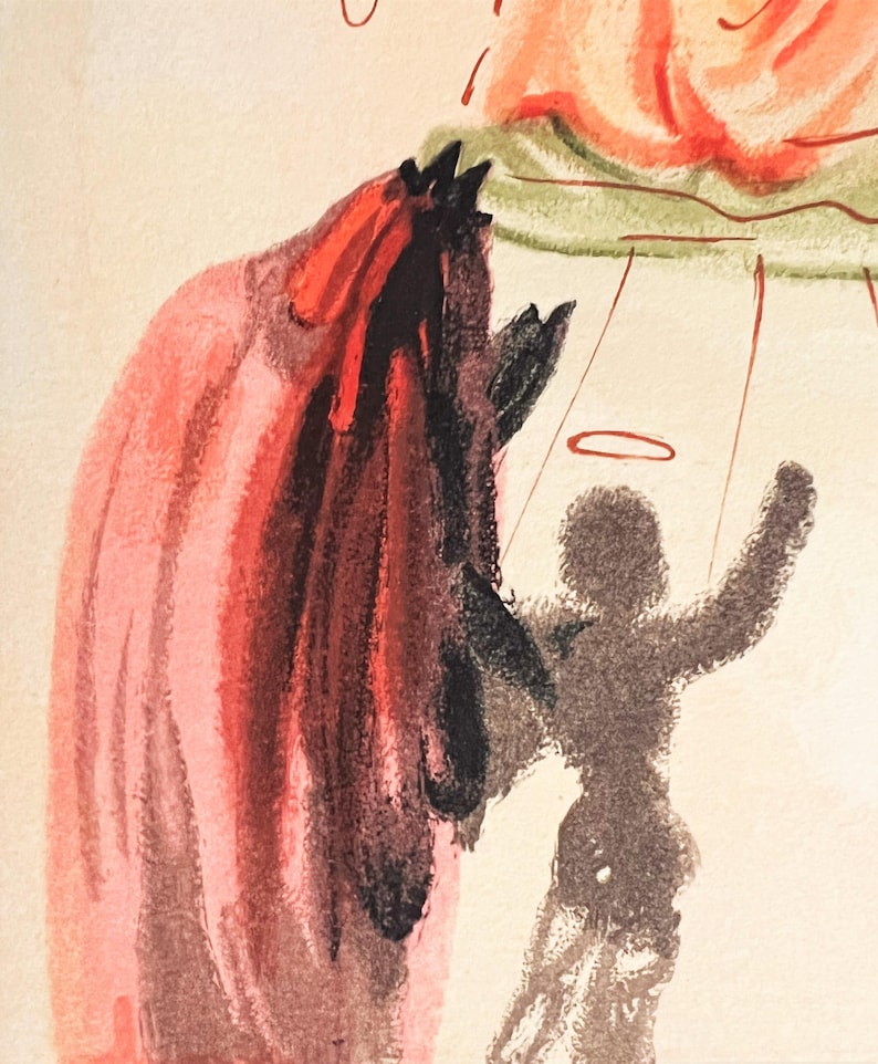 May include: An artistic illustration featuring a red and black figure with a shadowy silhouette of a person with a halo. The artwork has a surreal, dreamlike quality, with a soft color palette of reds, blacks, and creams.