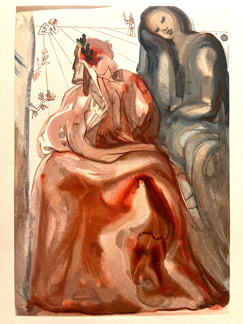 May include: A watercolor print featuring two figures in a surrealist style. The primary figure is draped in reddish-brown fabric, with a laurel wreath and a wound on the head. A second figure is in the background, with a gray-blue tone.