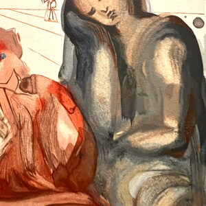 May include: An artistic painting featuring two figures in muted tones of brown, gray, and red. One figure is leaning, with their head resting on their arm. A small figure with a halo and a staff is in the background.