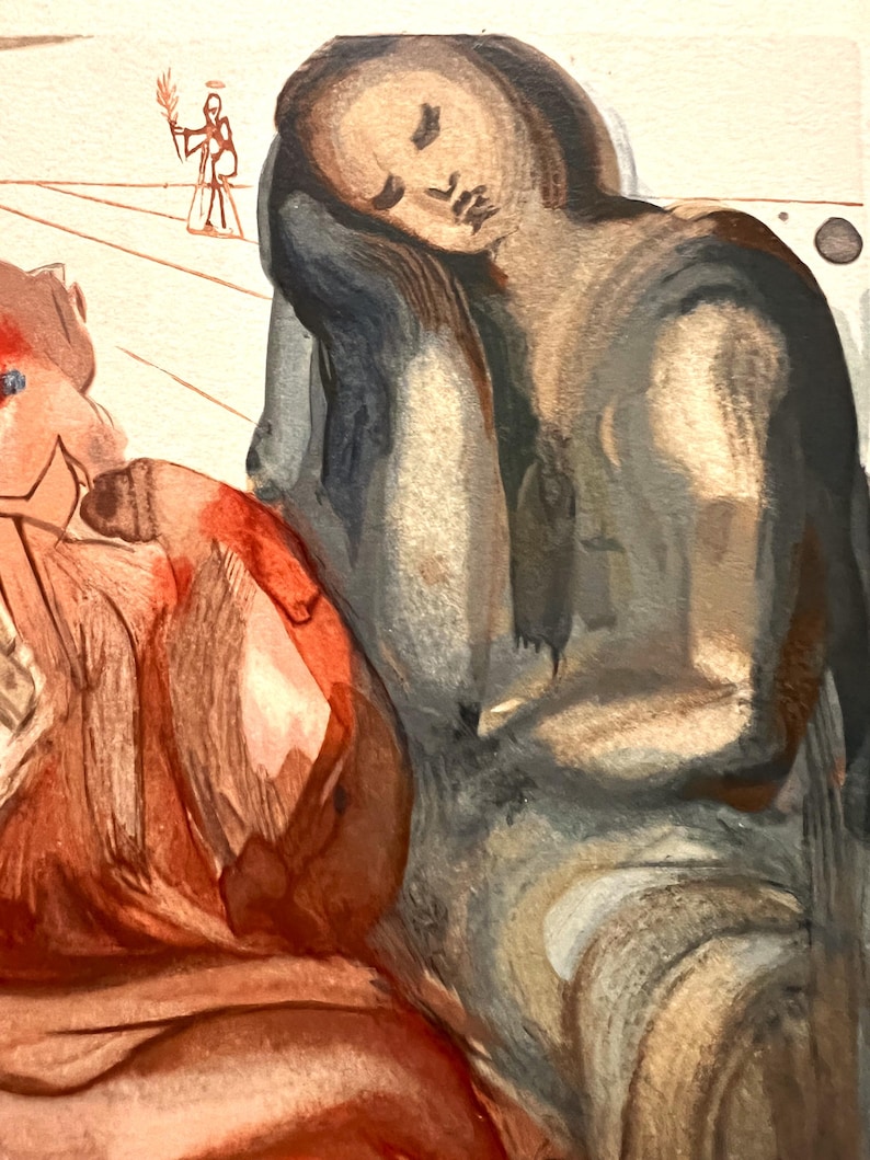 May include: An artistic painting featuring two figures in muted tones of brown, gray, and red. One figure is leaning, with their head resting on their arm. A small figure with a halo and a staff is in the background.