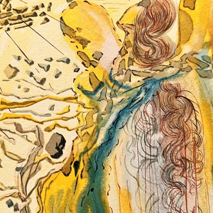 May include: A surrealist painting featuring a woman with long, flowing hair. The woman is depicted in a yellow and blue robe, with a background of swirling lines and abstract shapes.