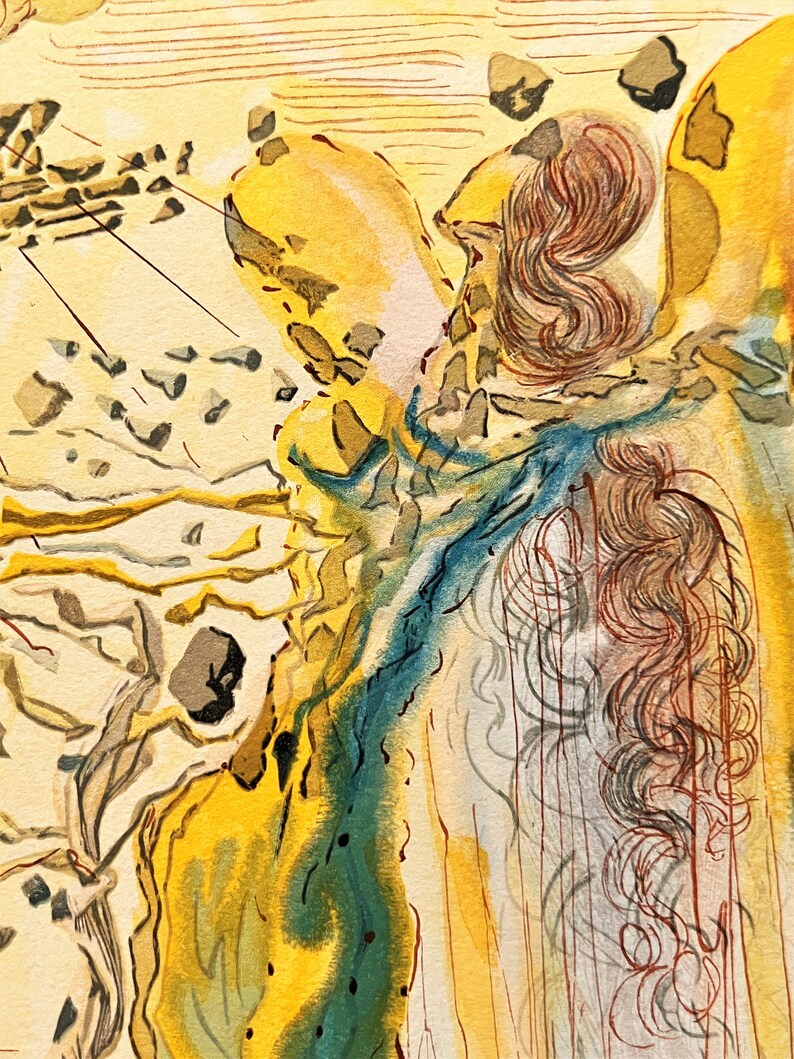 May include: A surrealist painting featuring a woman with long, flowing hair. The woman is depicted in a yellow and blue robe, with a background of swirling lines and abstract shapes.