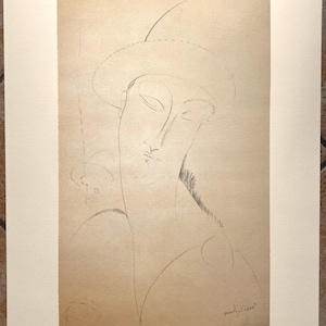 Amedeo Modigliani woman with hat, rare vintage Italian lithograph, expressive modernist portrait, minimalist line art, fine art wall decor