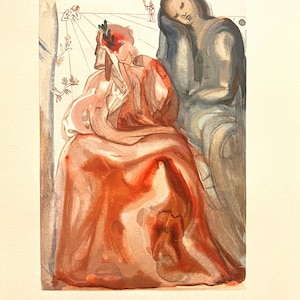 May include: A watercolor painting featuring two figures in a surrealist style. One figure is draped in red, with a laurel wreath and a red flower. The other figure is in shades of gray. The artwork has a dreamlike quality.