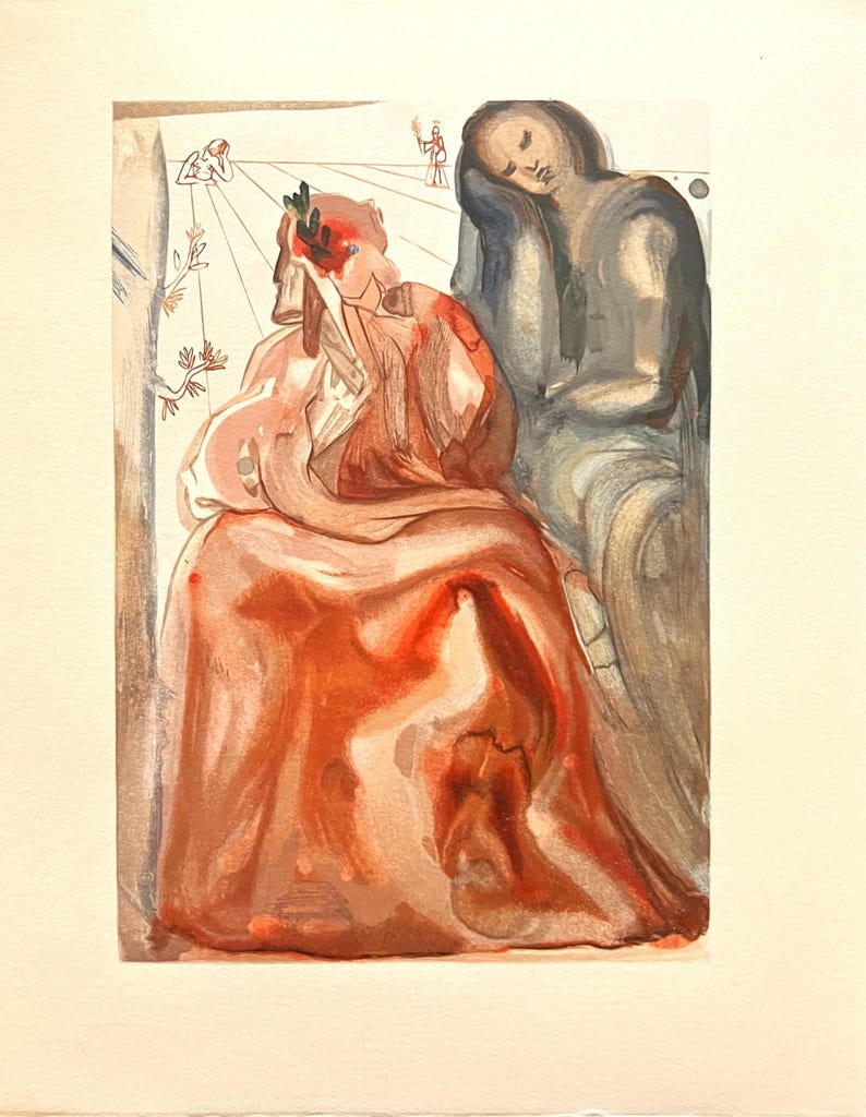 May include: A watercolor painting featuring two figures in a surrealist style. One figure is draped in red, with a laurel wreath and a red flower. The other figure is in shades of gray. The artwork has a dreamlike quality.