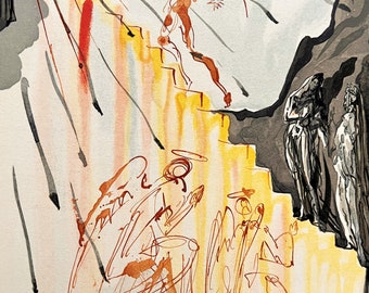Salvador Dali - The Divine Comedy - Paradise - Canto twenty-first: The celestial ladder - original vintage woodcut, 1963.