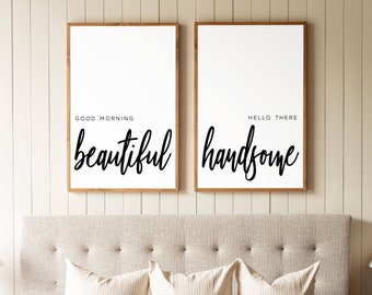 Master Bedroom Wall Decor | Hello Handsome Sign | Good Morning Beautiful Sign | Master Bedroom Sign | Above Bed Signs | Set Of Two | 509