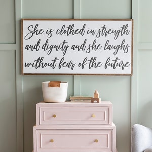 She is Clothed in Strength and Dignity | Proverbs 31 Sign | Girls Room Sign | Woman Scripture Sign | Framed Wood Signs | 484