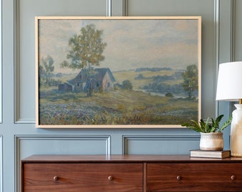 Vintage Barn Landscape Print: Countryside Scene on Wood | 551