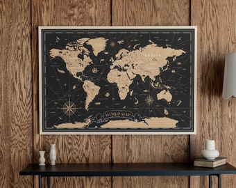 World Map Wall Art | Framed Map Art | Home School Wall Decor | Unique World Map Art  | 153