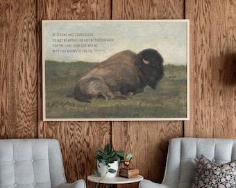 Buffalo Scripture Print | Vintage Boys Room Wall Art, Joshua 1:9 | 554