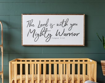 Boys Scripture Sign | The Lord is With You Mighty Warrior | Boys Room Wood Sign | Boys Room Bible Verse Sign| Framed Wood Signs | 395