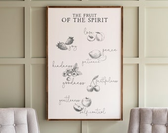 Puede incluir: Una impresión enmarcada con el texto "The Fruit of the Spirit" y una lista de frutas con sus virtudes correspondientes: amor, alegría, paz, paciencia, bondad, amabilidad, fidelidad, gentileza y autocontrol.