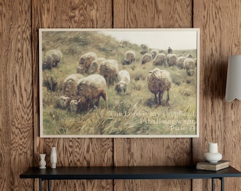 Psalm 23 Scripture Art: Vintage Sheep Pasture Scene | 205