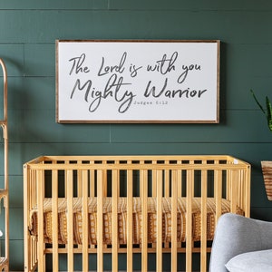 Boys Scripture Sign | The Lord is With You Mighty Warrior | Boys Room Wood Sign | Boys Room Bible Verse Sign| Framed Wood Signs | 395