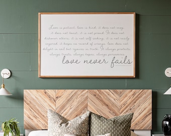 Love Never Fails Framed Wood Sign: Christian Scripture Wall Decor | 329