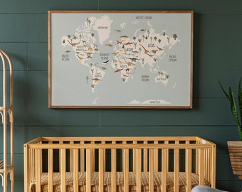 Dinosaur Themed World Map Art | Kids Room Wall Decor | Dinosaur Themed Room | Boys Room Wall Art | Girls Room Wall Art | 141