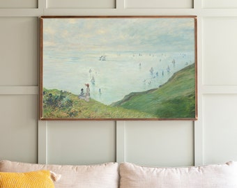 Cliffs At Pourville Wall Art | Living Room Wood Sign | Cliffs Painting | Extra Large Art | Large Horizontal Sign | Monet Print | 224