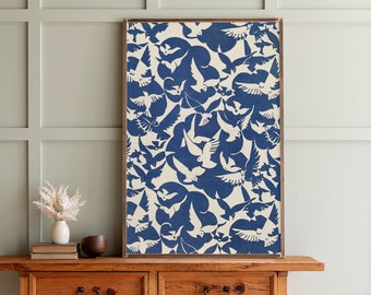 Vintage Blue Bird Print | Bird Pattern Wall Art | Extra Large Vertical Art | 471