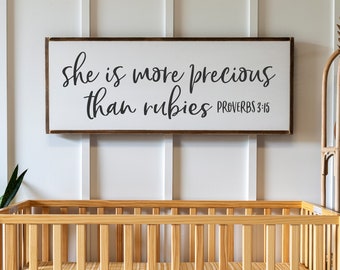 She is More Precious than Rubies Sign | Girls Room Wall Decor | Proverbs 3 Sign| Framed Wood Signs | Signs for Home | Home Decor Sign | 557