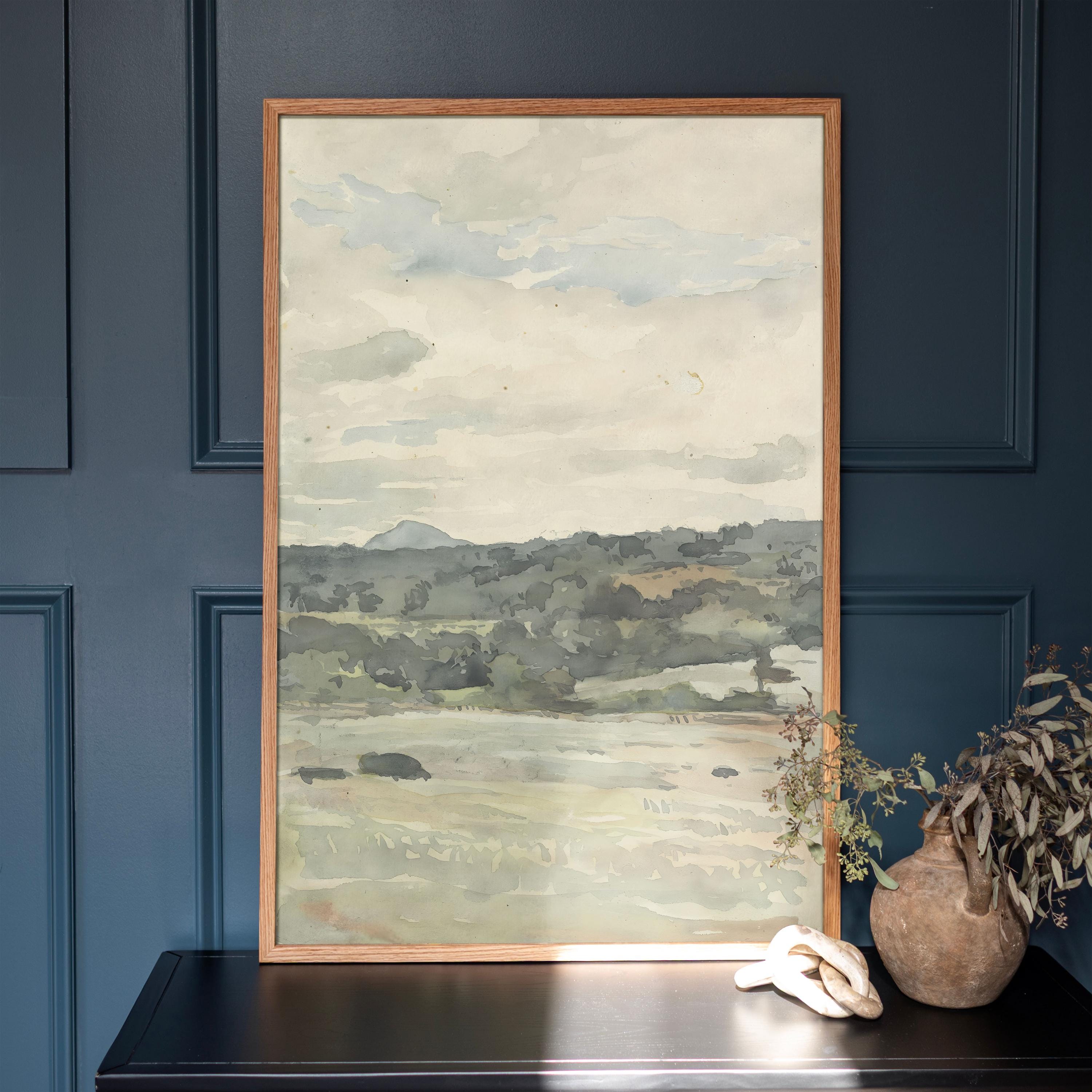 Vintage Mountain Landscape Watercolor Print | Framed Cotton Canvas Wall ...
