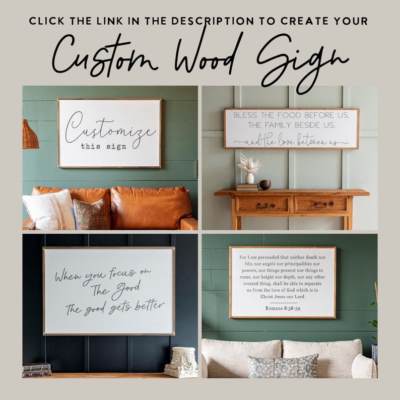 May include: Four different wood signs with inspirational quotes and sayings. The signs are all white with black lettering. The signs are hanging on walls with different colored backgrounds. The signs are all in a farmhouse style.