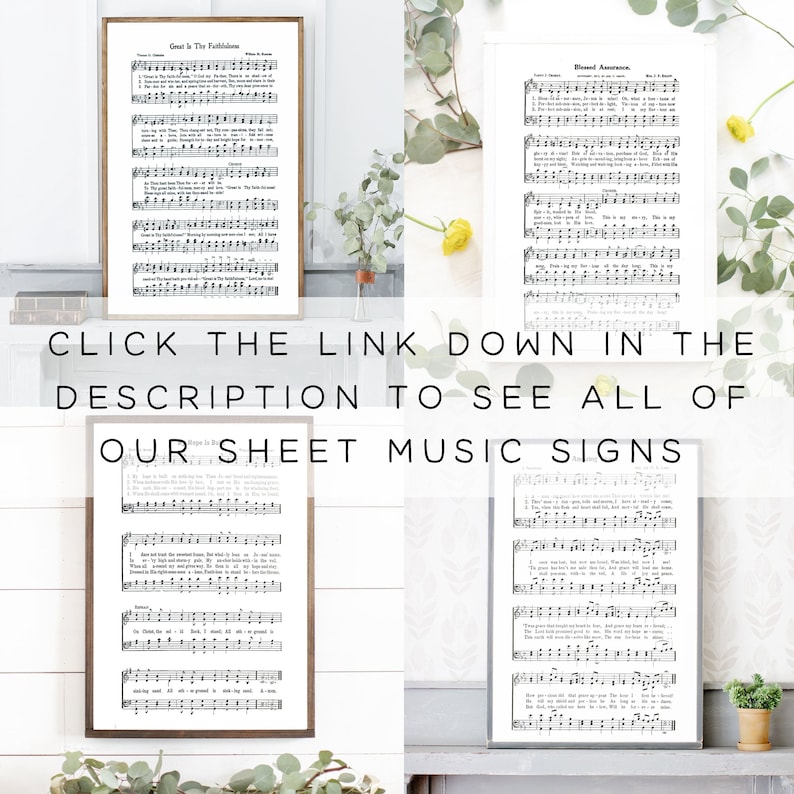 May include: Four framed sheet music prints with varying frame styles. The text "CLICK THE LINK DOWN IN THE DESCRIPTION TO SEE ALL OF OUR SHEET MUSIC SIGNS" is visible. The prints feature musical notation and lyrics.