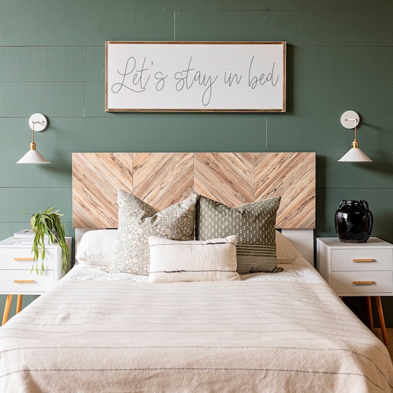 "Let's Stay In Bed" Rustic Farmhouse Wall Sign - 12x40 Inch Black Framed Bedroom Decor Above Bed - View #9