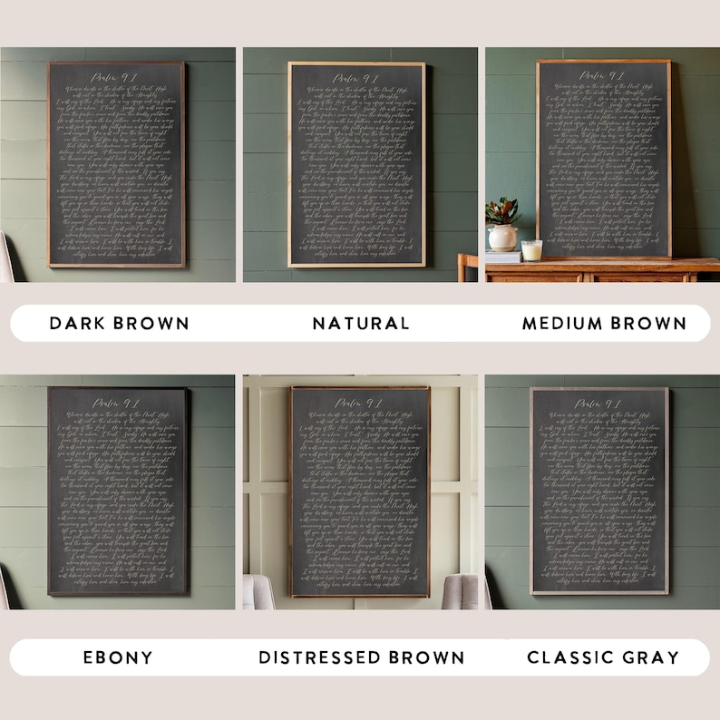 May include: Six different wood-framed prints of a Bible verse, "1 Peter 9:1", in a handwritten font. The frames are shown in various wood finishes: dark brown, natural, medium brown, ebony, distressed brown, and classic gray.