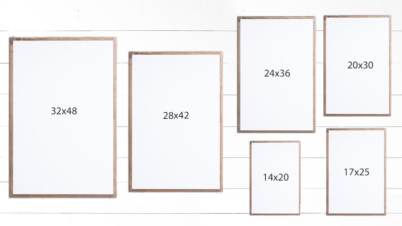 May include: Six different sized picture frames with white mats and wood frames. The frames are arranged in a row on a white wood background. The dimensions of each frame are written on the mat in black text. The frames are 32x48 inches, 28x42 inches, 24x36 inches, 20x30 inches, 17x25 inches, and 14x20 inches.