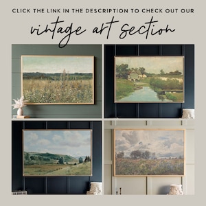 Op de afbeelding: Vier ingelijste landschapschilderijen met een rustieke, vintage esthetiek. De schilderijen tonen sc&egrave;nes uit de natuur, waaronder velden, rivieren en bossen. De lijsten zijn van eenvoudig, natuurlijk hout.