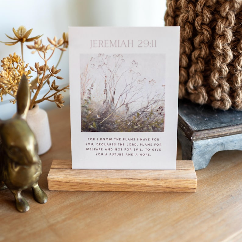 May include: A card with the text "JEREMIAH 29:11" and a quote about plans and hope, displayed in a wooden holder. The card features a watercolor image of a field. A brass bunny figurine and dried flowers are in the background.
