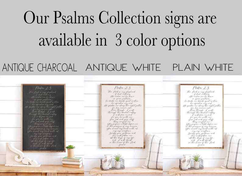 May include: Three framed prints of Psalm 23 in different color options: antique charcoal, antique white, and plain white. The text is in a cursive font and reads "The Lord is my shepherd, I shall not want..."