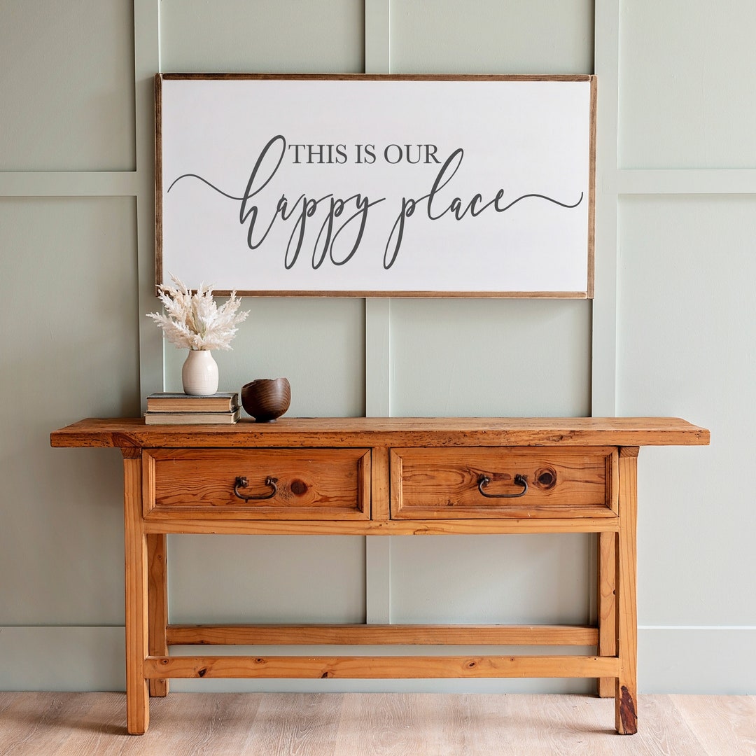 This Is Our Happy Place Wood Sign | Farmhouse Style Wall Decor | 047 - 20x40 with black, Distressed Brown