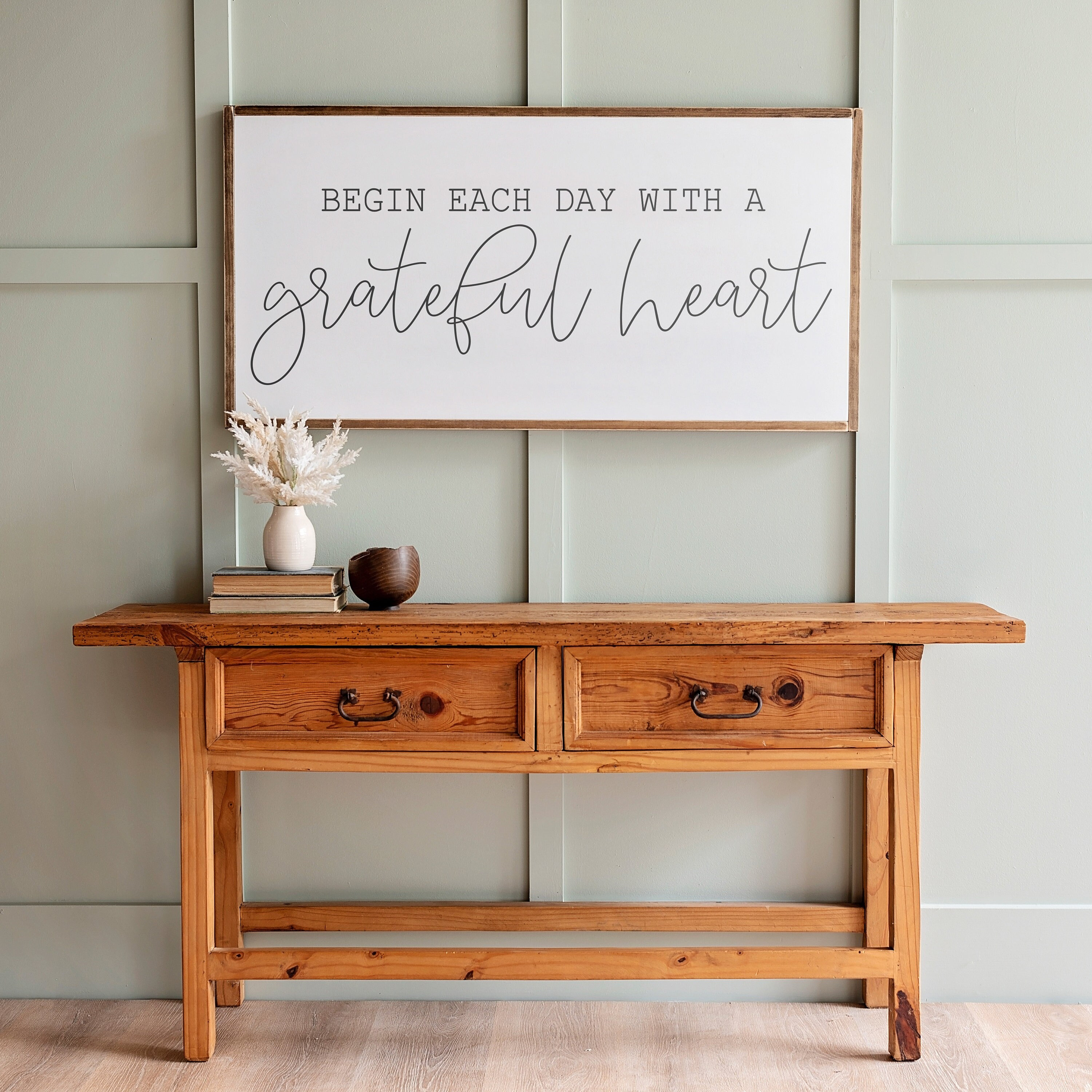 Begin Each Day With a Grateful Heart Sign | Grateful Sign | Begin Each Day Wood Sign | Inspirational Wood Signs| Framed Wood Signs | 002