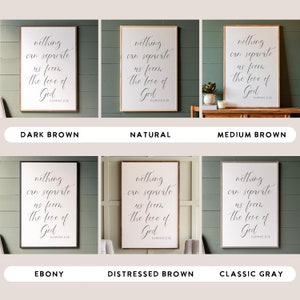 May include: Six wood signs with different wood finishes, each displaying the same text: "nothing can separate us from the love of God Romans 8:38". The signs are displayed on a light green background.