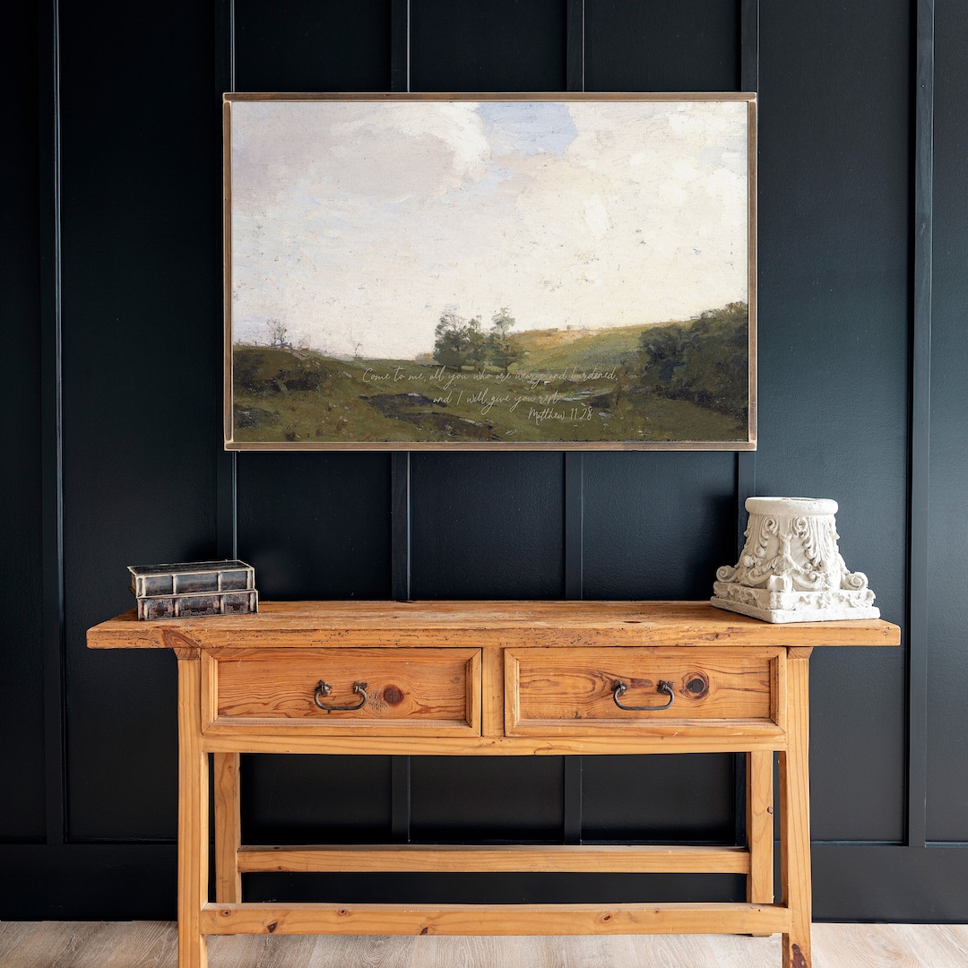 Extra Large Vintage Landscape Art With Scripture Matthew Scripture