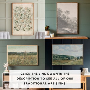 K&ouml;nnte beinhalten: Vier gerahmte Kunstdrucke, die an einer Wand ausgestellt sind. Die Drucke zeigen ein florales Design, eine Landschaftsszene, ein Feld mit Wildblumen und eine h&uuml;gelige gr&uuml;ne H&uuml;gellandschaft.