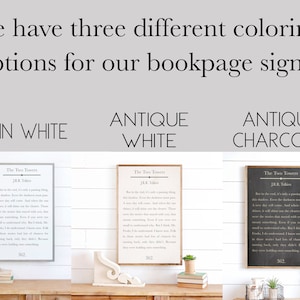 May include: Three bookpage signs with different color options: plain white, antique white, and antique charcoal. Each sign features a quote from "The Two Towers" by J.R.R. Tolkien, with the page number 362.