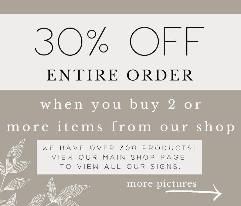 Może przedstawiać: Beżowe tło z czarnym tekstem, kt&oacute;ry brzmi "30% OFF ENTIRE ORDER when you buy 2 or more items from our shop". Pod tekstem znajduje się biały wz&oacute;r kwiatowy i biała strzałka skierowana w prawo z tekstem "more pictures".