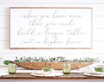 Dining Room Wall Decor | When You Have More than You Need Build a Longer Table Not a Higher Fence | Kitchen Sign | Dining Room Sign | 055