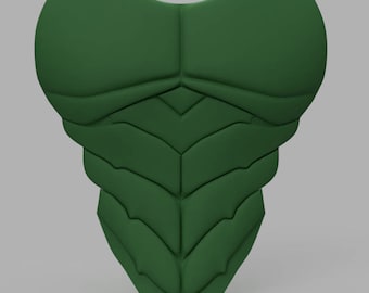 May include: A green chest armor piece with a textured, layered design. The armor has a rounded top section and a pointed bottom, with a series of overlapping, scale-like segments. The overall shape suggests a protective garment.
