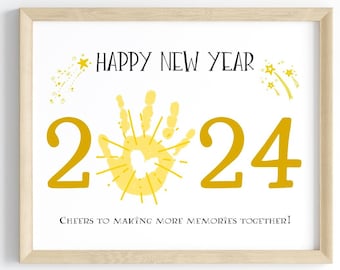 Happy New Year 2024 handprint Christmas craft footprint holidays art gift for her for him keepsake DIY activity kids children toddler baby