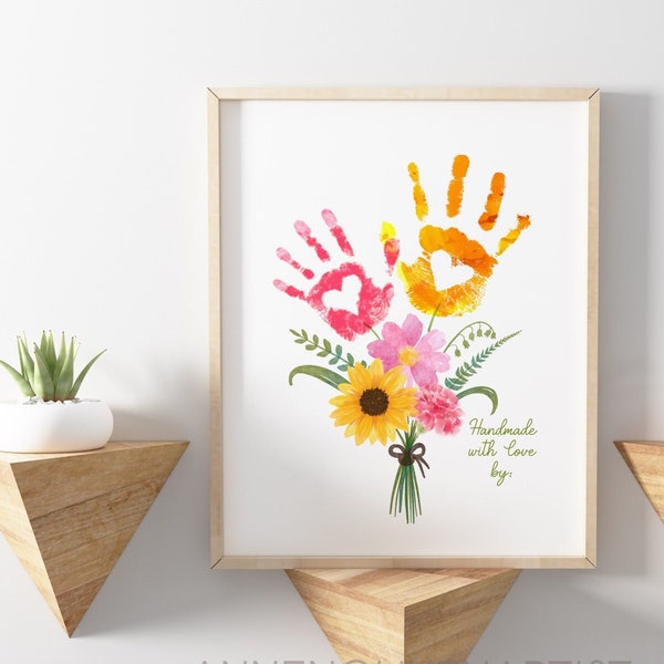Muttertag Handwerk Handabdruck Kunst Geburtstag Aktivität Blumenstrauß Oma Blume DIY Kinder Kleinkind Baby druckbares Andenken