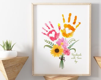 Muttertag Handwerk Handabdruck Kunst Geburtstag Aktivität Blumenstrauß Oma Blume DIY Kinder Kleinkind Baby druckbares Andenken