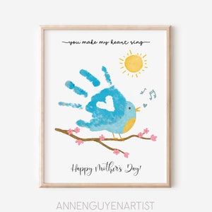 Mother&#39;s day craft handprint art Spring bird singing grandma flower DIY craft kids children toddler baby activity printable