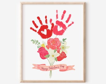 Valentine handprint art Rose bouquet hearts love craft activity floral flower DIY kids children toddler baby daycare classroom printable