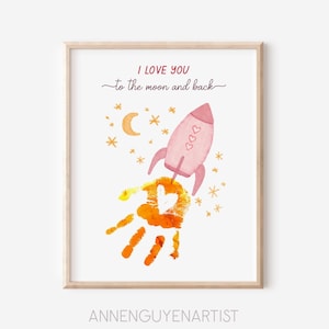 Moederdag ambachtelijke handafdruk kunst Ik hou van je tot de maan en terug Vaderdag oma bloem DIY kinderen kinderen peuter baby activiteit afdrukbaar