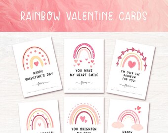 Cartes de Saint-Valentin pour enfants, cartes de Saint-Valentin arc-en-ciel imprimables, Saint-Valentin en classe, coeur rose aquarelle fille, activité artisanale pour enfants