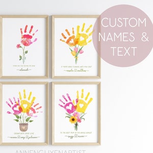 Custom names handprint Mother's day keepsake grandma floral art flower bouquet gift for her DIY craft toddler children kids activity baby